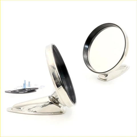 Chrome-finished stainless side mirror with black rubber bezel and mounting hardware for chrysler valiant pacer ap5-cl 1963-1981