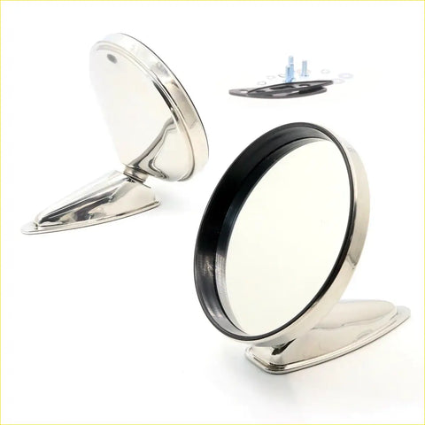 Shiny chrome stainless side mirror with black rubber bezel and mounting hardware for chrysler valiant pacer ap5-cl