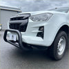 Black stainless steel tubular nudge bar mounted on a white isuzu d-max 2021 current pickup truck front bumper