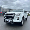 White isuzu d-max 2021-current pickup with a black stainless steel nudge bar and front bumper guard installed