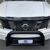 Black tubular stainless steel nudge bar mounted on white nissan navara d40 2005-2015 thai model front bumper