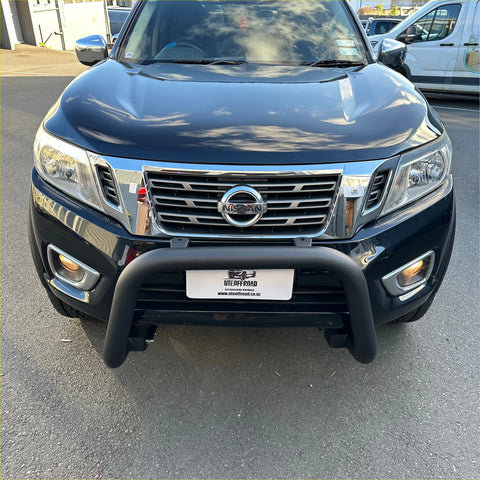 Black nissan np300 with matte black stainless steel nudge bar and chrome grille with black front bumper guard