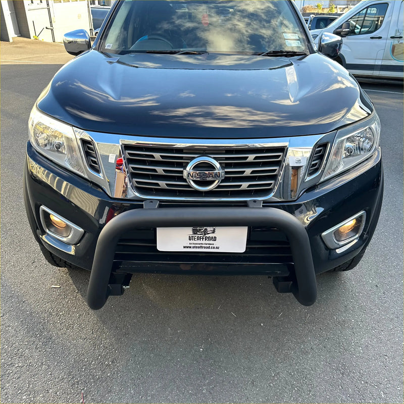 Black nissan np300 with matte black stainless steel nudge bar and chrome grille with black front bumper guard