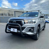 Silver toyota hilux with matte black stainless steel nudge bar bull bar and roof rack 2015-2020 model