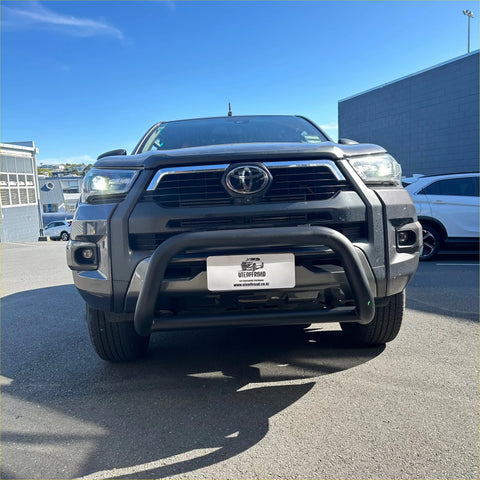 Gray toyota hilux with black front bumper guard featuring stainless steel nudge bar 2021-2025 medium model