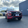 Red mitsubishi triton pickup with matte black stainless steel nudge bar and roof rack 2019-2023 model