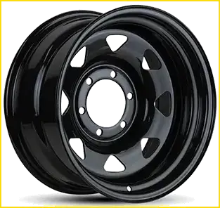 Black glossy steel rim 16 x 10 with classic five-spoke design and silver lug nuts offset minus 44