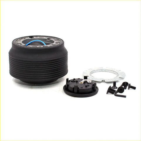 Black ribbed steering hub adapter with blue wire and mounting hardware for daihatsu mira cuore gino 1980-1994