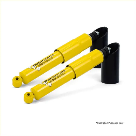 Pair of bright yellow dobinsons t4 twin tube nitro gas shock absorbers with black caps for suzuki jimny gj 5 door 2023 on