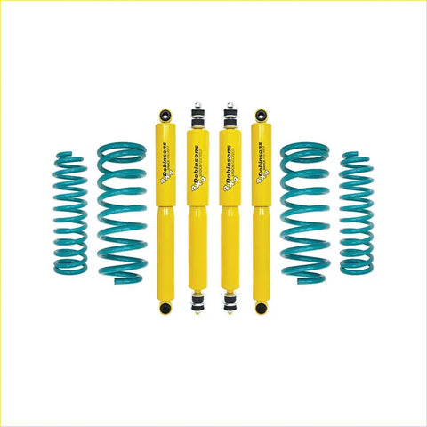 Set of four bright yellow dobinsons twin tube nitro gas lift shock absorbers with teal coil springs for suzuki jimny gj 5 door 2023 on