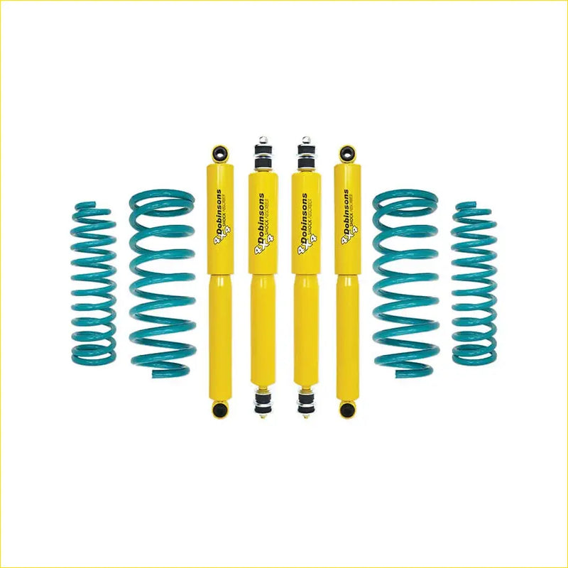Set of four bright yellow dobinsons twin tube nitro gas shock absorbers with teal coil springs for suzuki jimny gj 5 door 2023 on