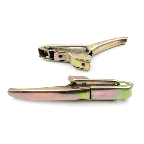 Yellowish metallic tailgate handle opener with lever mechanism and mounting hardware for mazda b series 1965-1977