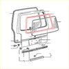 Red-framed rear window weatherstrip assembly for tailgate of mitsubishi delica star wagon l300 shown from back side