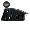 Back side of black plastic tail light assembly for Tesla Model S 2016-2021 with internal parts and blue circular element