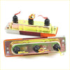 Back side of rectangular metallic tail light x2 with three black bulb sockets and wiring for Nissan Datsun 520 68-73