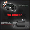 Backside of black plastic tailgate handle for Toyota Tundra Tacoma with orange silver mechanical parts and camera hole