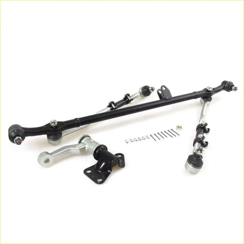 Black and silver tie rod idler arm center link kit with ball joints and brackets for Nissan Datsun D21 King Cab 1985-1999