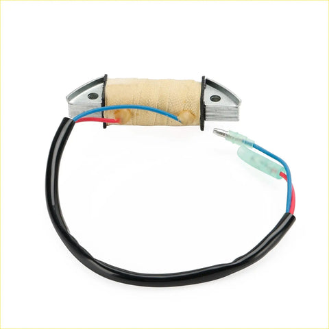 Black-coated exciter coil assy with beige-wrapped coil and red blue wires for tohatsu nissan 9.9hp 15hp 18hp engine
