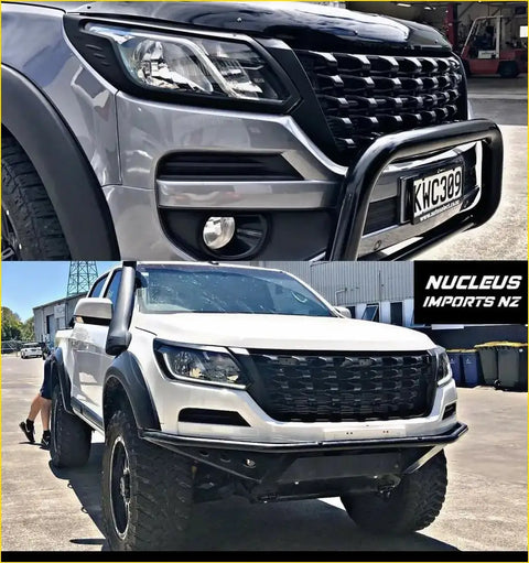 Black and silver rugged front bumper guard with textured grille design for tomahawk grill colorado 2017 2021
