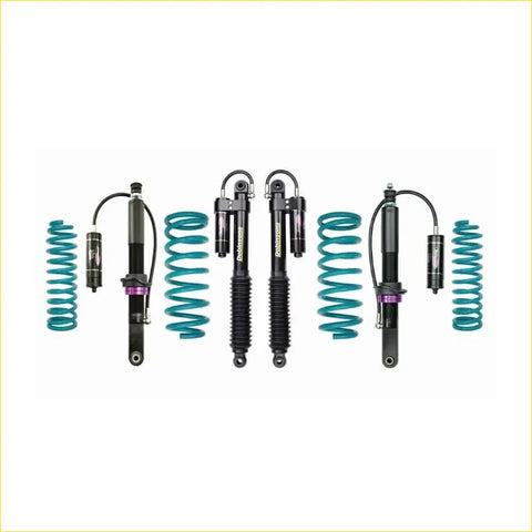 Teal and black dobinsons monotube coilover suspension kit with purple accents for toyota fj cruiser gsj15 rear view