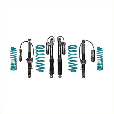 Teal and black coilover suspension kit with purple accents for toyota fortuner 07 2015 on dobinsons monotube remote reservoir