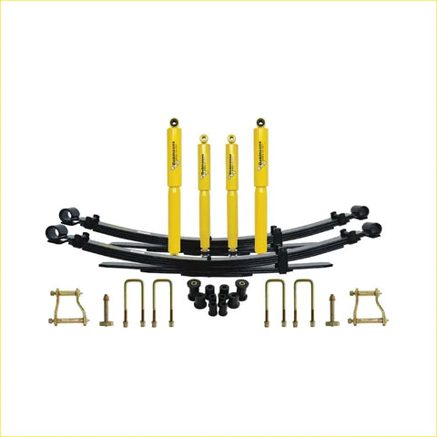 Set of four bright yellow shock absorbers with black leaf springs and hardware for toyota hilux kzn ln rn models