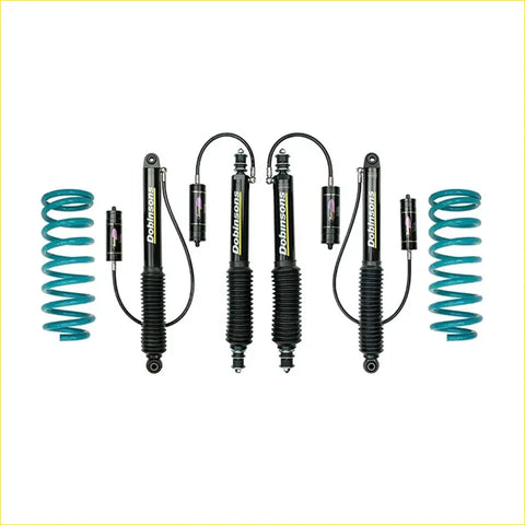 Set of four black dobinsons monotube shock absorbers with teal coil springs and reservoirs for toyota landcruiser 100 series