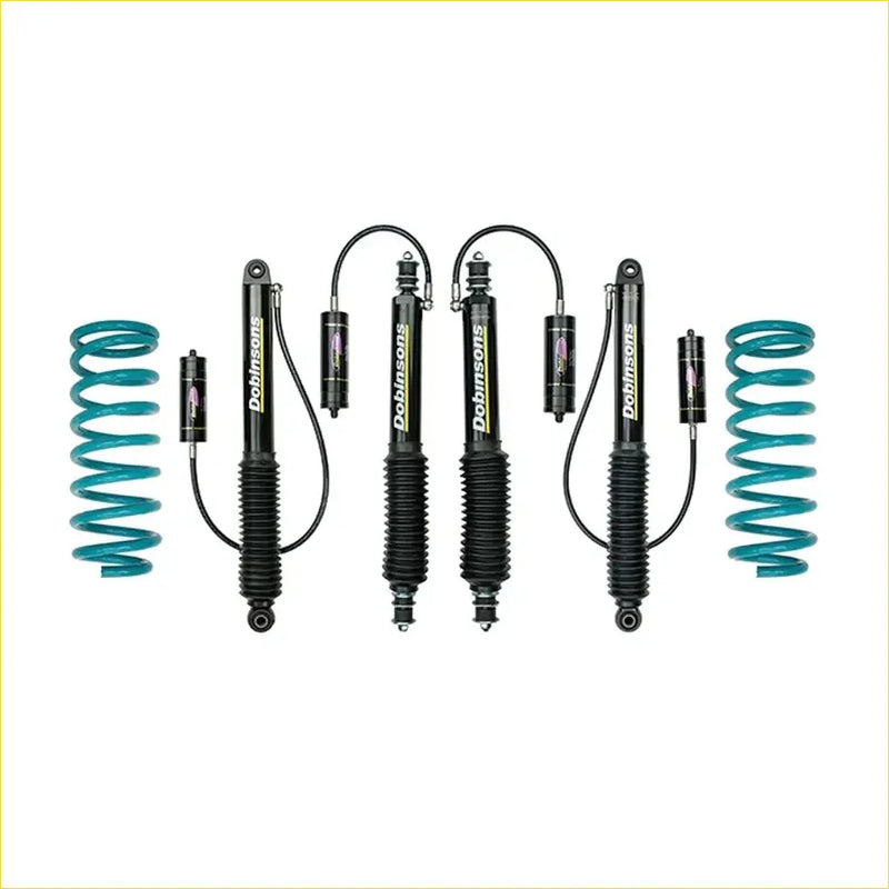 Set of four black dobinsons monotube shock absorbers with teal coil springs and reservoirs for toyota landcruiser 100 series