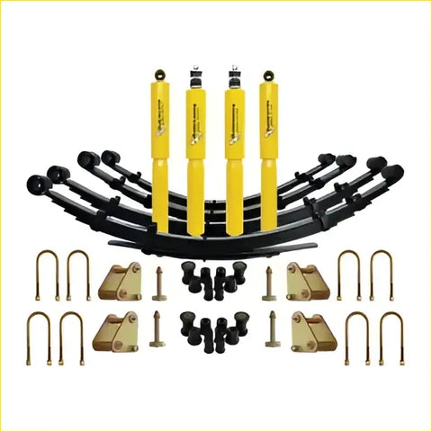 Set of four bright yellow Dobinsons twin shock absorbers with black leaf springs for Toyota Landcruiser 75 series