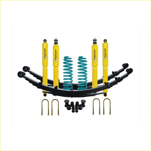 Yellow and teal dobinsons twin tube nitro suspension kit with black leaf springs for toyota landcruiser 79 series back side