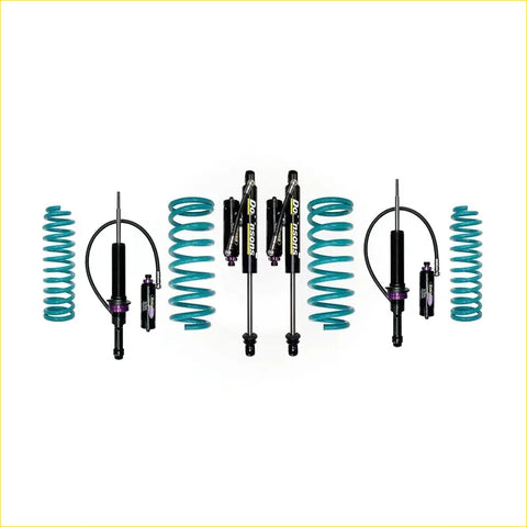 Teal coilover suspension kit with black shocks and purple accents for toyota landcruiser 80 series dobinsons monotube