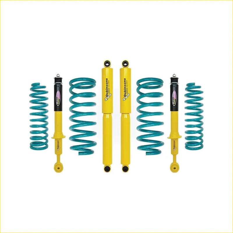Vibrant yellow and teal dobinsons twin tube coilover suspension for toyota landcruiser prado 150 series 2010 on