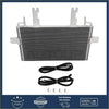 Silver aluminum transmission cooler with black hoses and mounting brackets for ford f-250 f-350 f-450 7.3l 1999-2003
