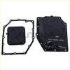 Black automotive transmission oil pan with gasket set and oil filter for Chrysler Dodge vehicles
