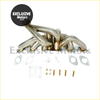 Shiny metallic turbo manifold w t4 for nissan rb20det rb25det with polished finish and gold-colored welds