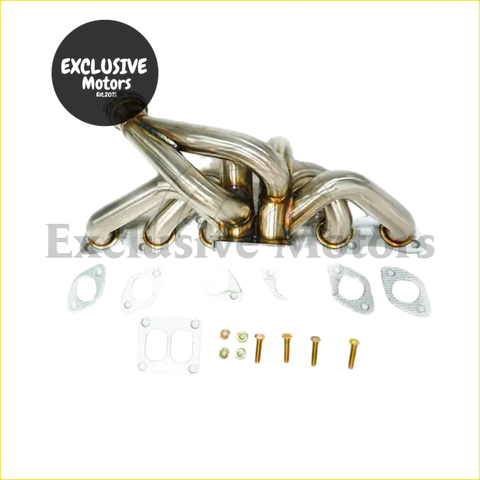 Shiny metallic turbo manifold w t4 for nissan rb20det rb25det with polished finish and gold-colored welds