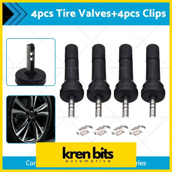 Black tire valve stems with metallic silver tips and matching clips from kren bits for nissan patrol y62 tpms