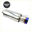 Shiny chrome universal stainless steel muffler tail pipe with rainbow tinted end cap 76mm shown from back side