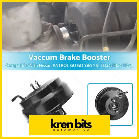 Black vacuum brake booster with cylindrical body and metallic fittings suitable for nissan gu patrol y60 y61 td42 tb42