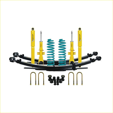 Yellow and teal coilover suspension kit with black leaf springs for Volkswagen Amarok TDI400 TDI420 2010 to 2022 by Dobinsons