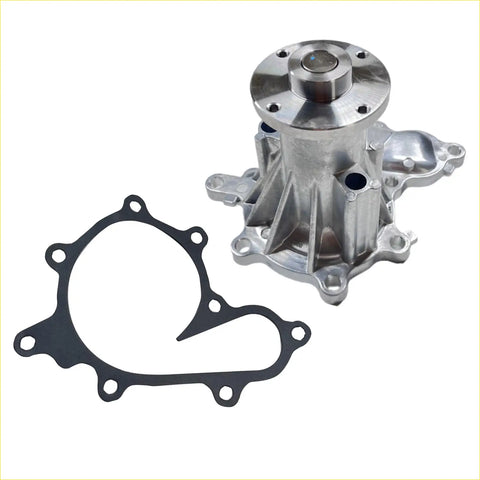 Silver aluminum water pump with black rubber gasket for nissan navara d40 d22 25l shown from the back side