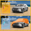 Orange waterproof all weather cotton car cover with zipper for toyota bZ4X 2022 showing back side