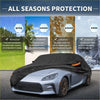 Black all seasons waterproof aluminum film car cover with orange trim for Toyota GR86 2022-2023 front view