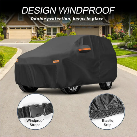 Black windproof car cover with orange trim and elastic edges made of waterproof aluminum film for toyota land cruiser