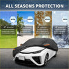 Black car cover with orange trim made of waterproof aluminum film for all-season protection on toyota mirai sedan
