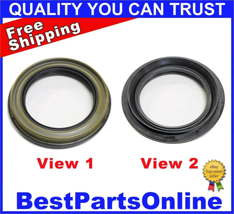 Two automotive wheel seals for Nissan D21 Pathfinder Infiniti QX4 in olive green and black shown side by side