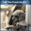 A fluffy gray poodle wearing a white fabric collar next to black window deflectors for toyota rav4 2013-2018