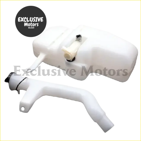 White plastic windshield washer fluid reservoir with hose and nozzle for Nissan Navara D22 1997-2005 shown from back side