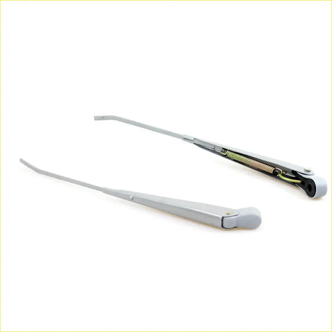 Silver-finished metal windshield wiper arm with internal spring and black end cap for Nissan Datsun 720 1980-1989 back side