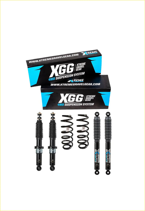 Black xgg 4wd suspension system with coiled springs and shocks for nissan navara np300 d23 leveling kit displayed